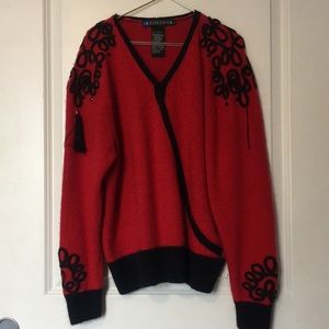 I.B. Diffusion Silk Angora Lambs Wool Sweater Red Black Beaded Size Large